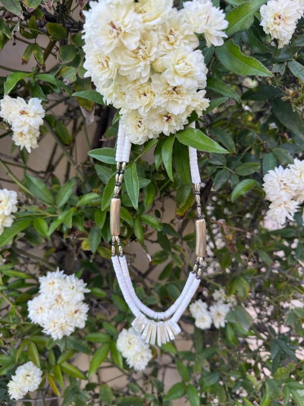 White Beaded Women's Necklace with Silver Accents